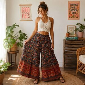 Natural Life Patti Wide Leg Palazzo Pants Women's L Boho Floral Festival
